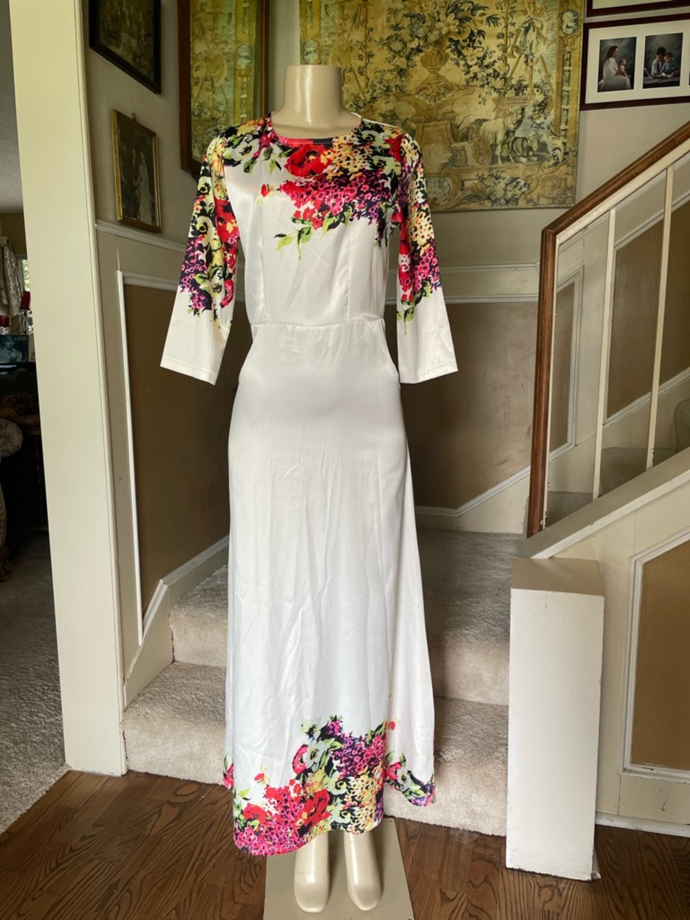 White Maxi Dress with Pink and Green Floral Accents Satiny Shiny 3/4 sleeve Sz S